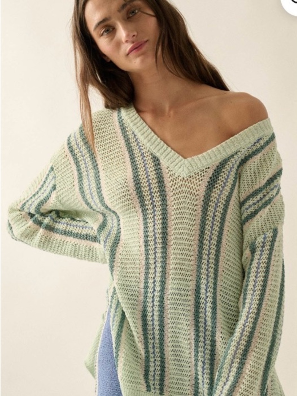 Promesa Mint Green Striped V-Neck Knit Sweater